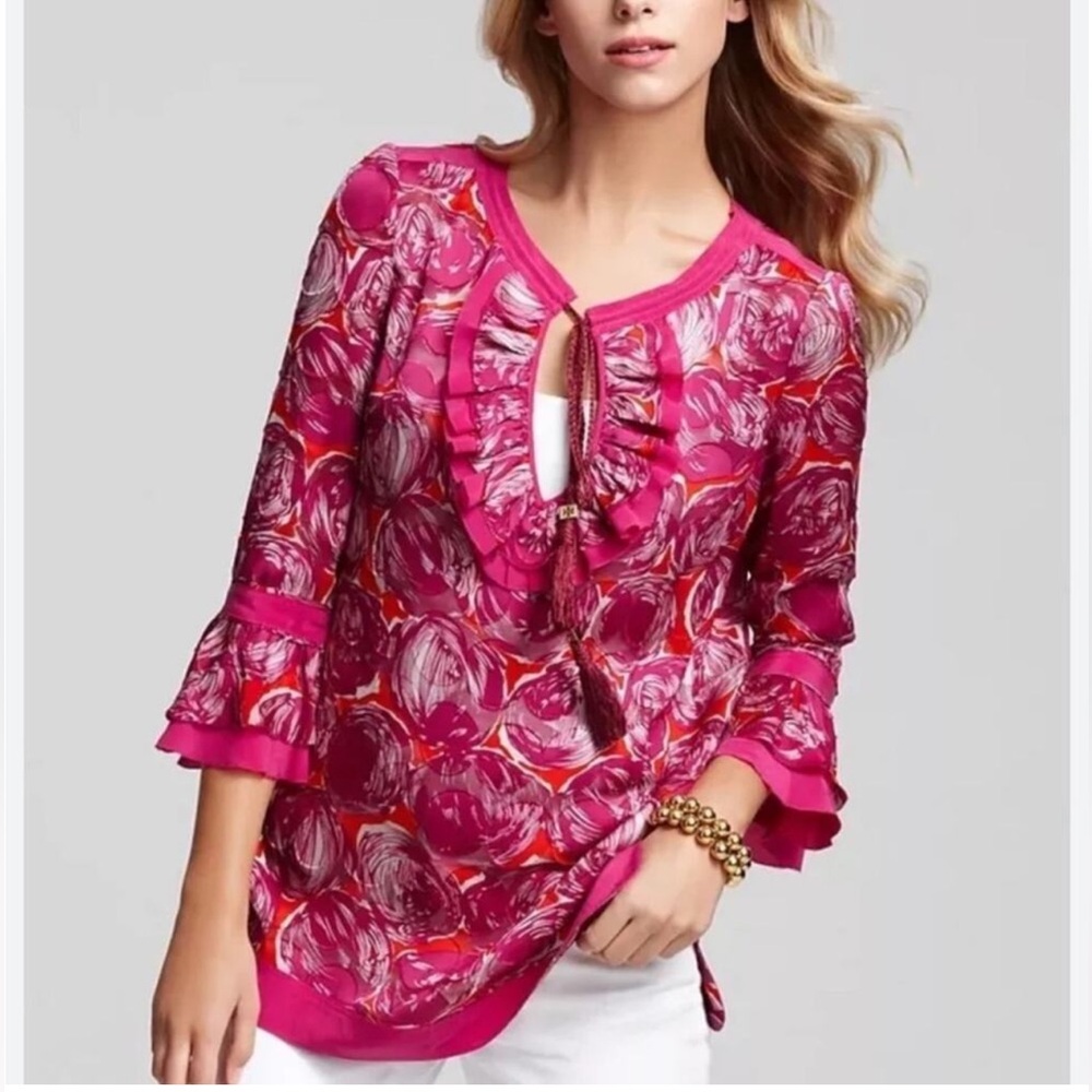 Tory Burch Purple Pink Silk Blend Tassel Long Sleeve Tunic Top Size 6